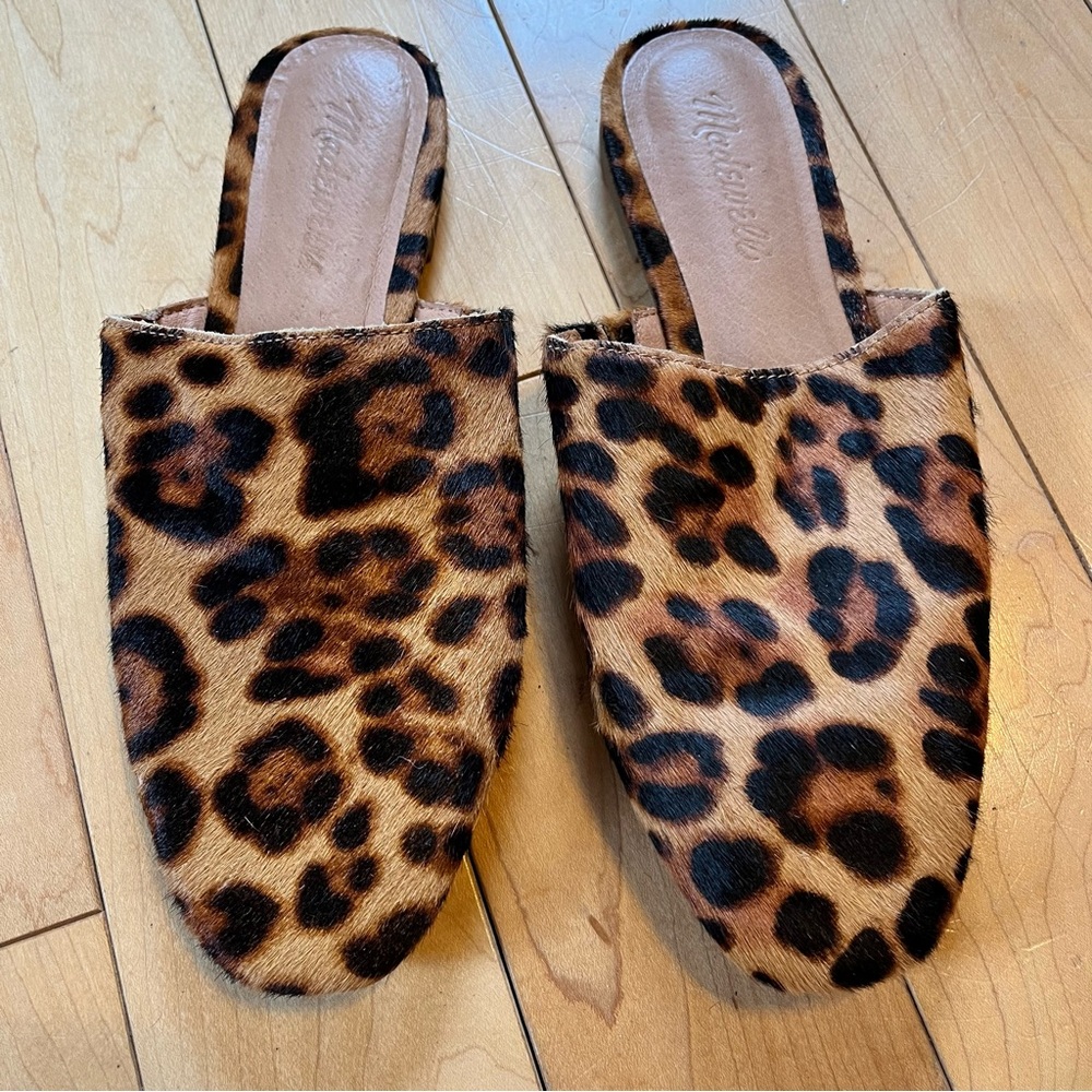 Madewell Leopard Print Calf Hair Slip on Mules size seven